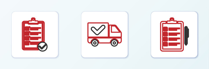 Set line Verification of delivery list, and Delivery truck with check mark icon. Vector