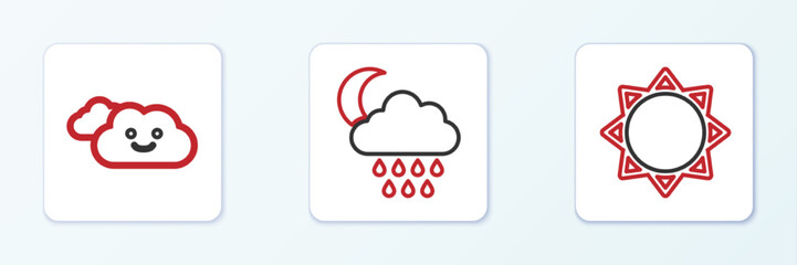Set line Sun, Cloud and with rain and moon icon. Vector