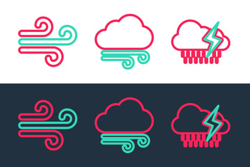 Set line Cloud with rain and lightning, Wind and Windy weather icon. Vector
