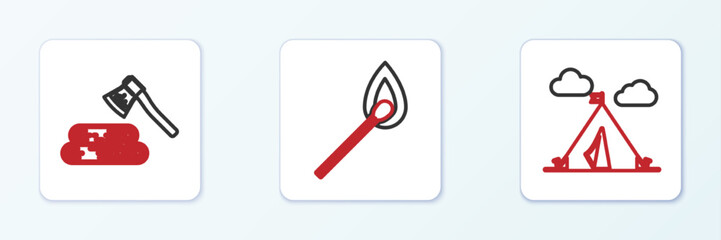 Set line Tourist tent with flag, Wooden axe and wood and Burning match fire icon. Vector