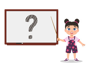 Girl with a pointer at the white board, question. Vector illustration