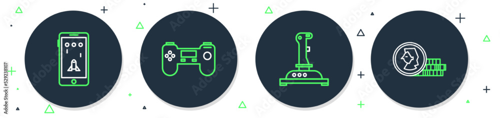 Poster set line gamepad, joystick for arcade machine, mobile and playing game and coin icon. vector