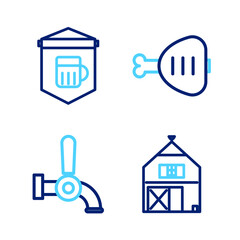 Fototapeta premium Set line Farm House, Beer tap, Chicken leg and Signboard with glass of beer icon. Vector