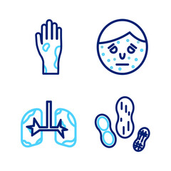 Fototapeta premium Set line Peanut, Lungs, Face with psoriasis or eczema and Hand icon. Vector