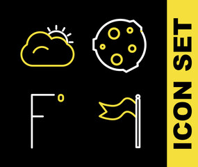 Set line Moon, Meteorology windsock wind vane, Fahrenheit and Sun and cloud icon. Vector