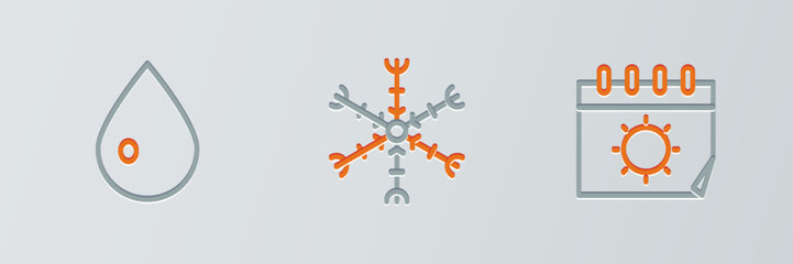Set line Calendar and sun, Water drop and Snowflake icon. Vector