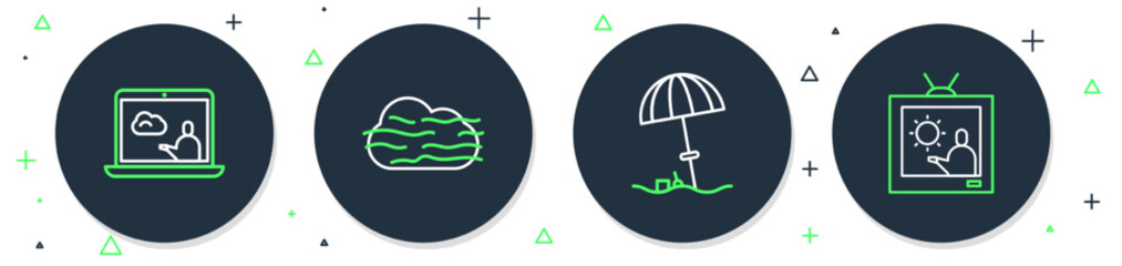 Set line Fog and cloud, Sun protective umbrella for beach, Weather forecast and icon. Vector