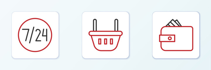 Set line Wallet with paper money cash, Clock 24 hours and Shopping basket icon. Vector
