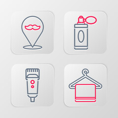 Set line Towel on a hanger, Electrical hair clipper or shaver, Aftershave bottle with atomizer and Barbershop icon. Vector