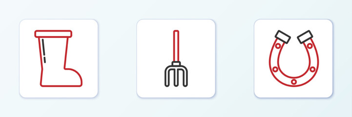 Set line Horseshoe, Waterproof rubber boot and Garden pitchfork icon. Vector