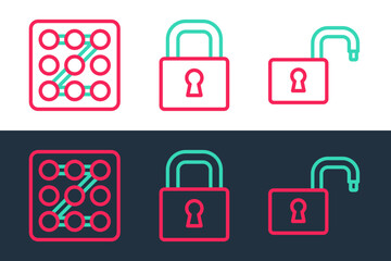 Set line Open padlock, Graphic password protection and Lock icon. Vector