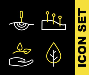 Set line Acupuncture therapy, Leaf, in hand and icon. Vector