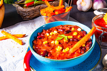 chili con carne with sweet potato and spicy nachos