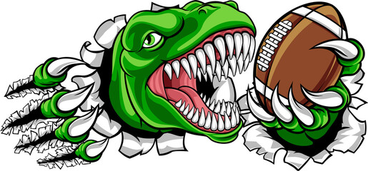 A dinosaur T Rex or raptor American Football player cartoon animal sports mascot holding a ball in its claw © Christos Georghiou