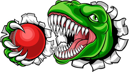A dinosaur T Rex or raptor cricket player cartoon animal sports mascot holding a ball in its claw © Christos Georghiou
