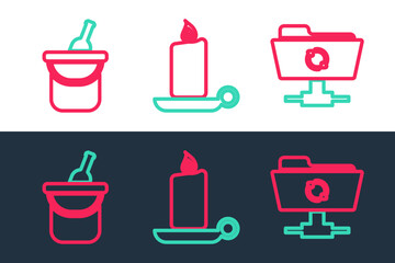 Set line FTP sync refresh, Bottle of wine in bucket and Burning candle candlestick icon. Vector
