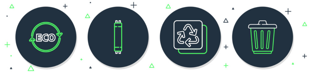 Set line Fluorescent lamp, Recycle, Label for eco healthy food and Trash can icon. Vector