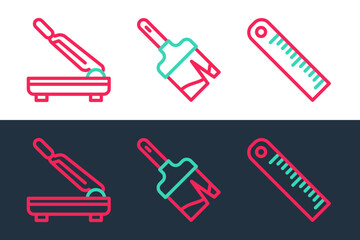 Set line Ruler, Paper cutter and Paint brush icon. Vector