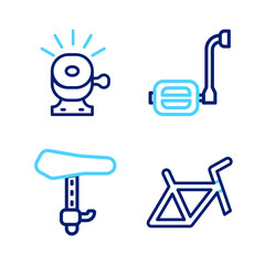 Set line Bicycle frame, seat, pedal and bell icon. Vector