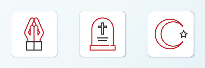 Fototapeta premium Set line Star and crescent, Hands in praying position and Tombstone with cross icon. Vector
