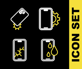 Set line Phone repair service, Waterproof phone, Mobile with broken screen and Shockproof icon. Vector