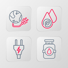 Set line Propane gas tank, Electric plug, Water energy and Global power planet icon. Vector
