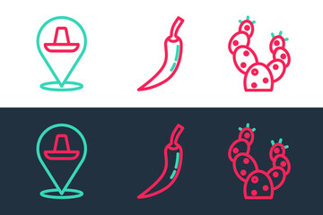 Set line Cactus, Mexican sombrero and Hot chili pepper pod icon. Vector