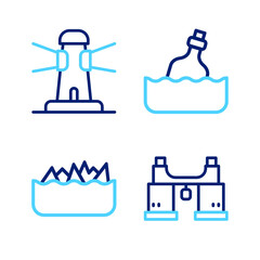 Set line Binoculars, Sharp stone reefs, Bottle with message water and Lighthouse icon. Vector