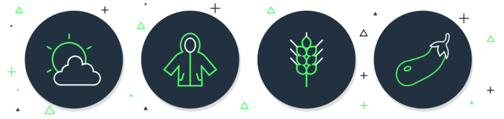 Set line Raincoat, Wheat, Sun and cloud weather and Eggplant icon. Vector