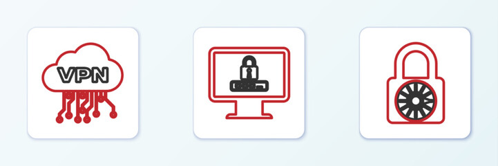 Set line Safe combination lock wheel, Cloud VPN interface and Monitor with password icon. Vector