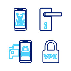 Fototapeta premium Set line Lock VPN, Smart car security system, Door handle and Mobile face recognition icon. Vector