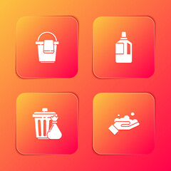 Set Bucket with rag, Fabric softener, Trash can and garbage bag and Washing hands soap icon. Vector