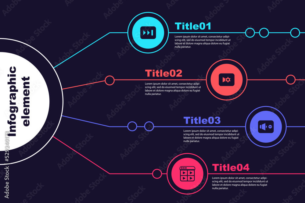 Poster set fast forward, music video settings, speaker mute and playlist. business infographic template. ve