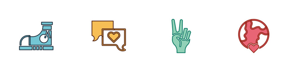 Set Sneakers, Speech bubble chat, Peace symbol and The heart world - love icon. Vector