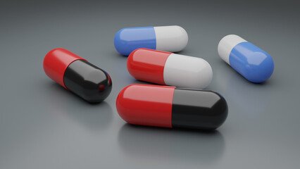 medical pills blue and white,red and black,red and white,3d rendering