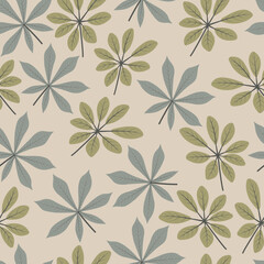 Trendy seamless ditsy pattern design of tropical schefflera leaves and cassava leaves. Artistic vector foliage background for printing & textile