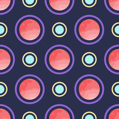 Trendy seamless vector polka dots and circles pattern with deep navy background. Scattered colorful circular dots repeating pattern for printing and textile industry