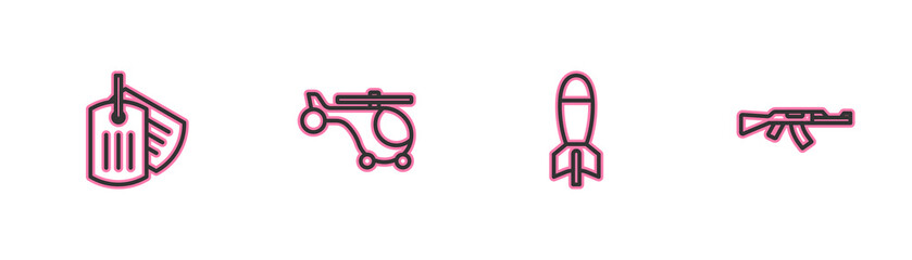 Obraz premium Set line Military dog tag, Rocket launcher, Helicopter and Submachine gun icon. Vector