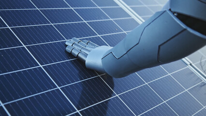 AI. Artificial intelligence. Modern cybernetic robot man touching modern solar battery outside checking energy. Cyborg working online on station. Futuristic engineer working online for humanity future