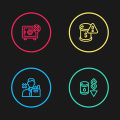 Set line Employee dismissal, Drop in crude oil price, and Safe icon. Vector