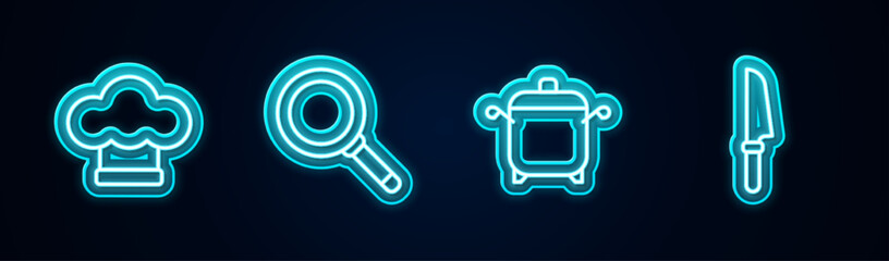 Set line Chef hat, Frying pan, Cooking pot and Knife. Glowing neon icon. Vector