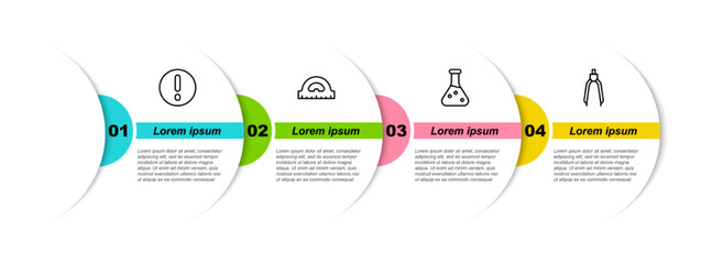 Set line Speech bubble and Exclamation, Protractor grid, Test tube and Drawing compass. Business infographic template. Vector