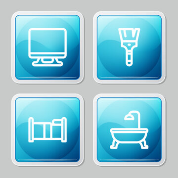Set line Smart Tv, Paint brush, Bed and Bathtub icon. Vector