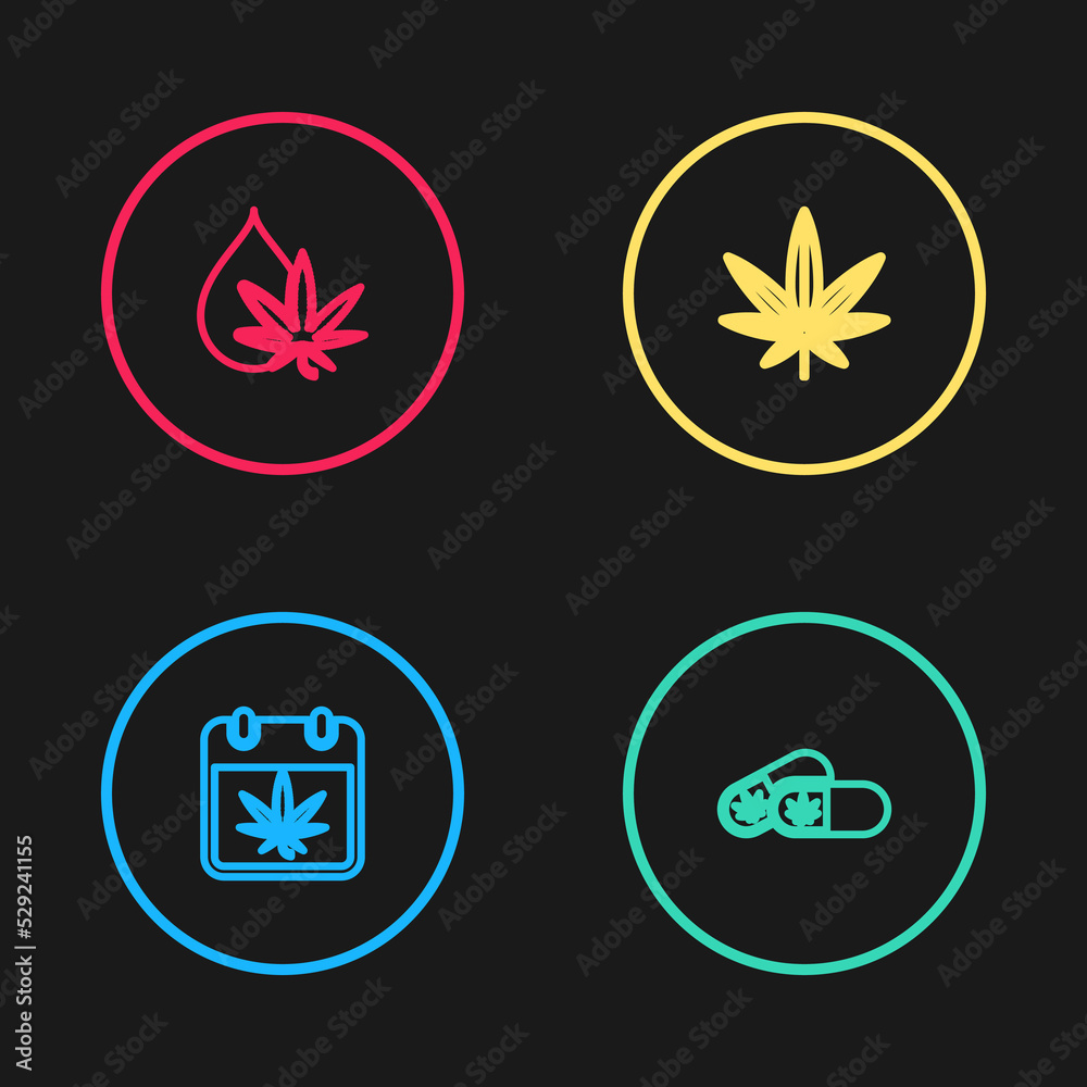 Sticker Set line Calendar and marijuana, Medical pills with, Marijuana or cannabis leaf and oil icon. Vector