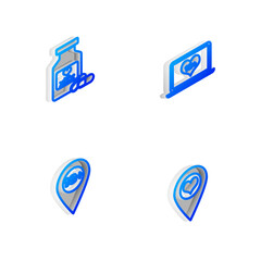 Set Isometric line Laptop with 18 plus content, Bottle pills for potency, Location and heart icon. Vector