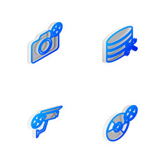 Set Isometric line Database server service, Photo camera, Security and CD or DVD disk icon. Vector