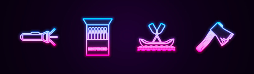 Set line Flashlight, Open matchbox and matches, Rafting boat and Old wooden axe. Glowing neon icon. Vector