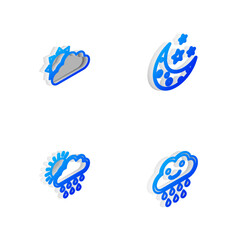 Fototapeta premium Set Isometric line Moon and stars, Sun cloud weather, Cloud with rain sun and icon. Vector