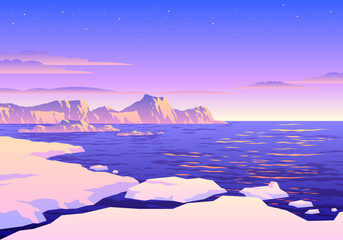 Beautiful Sunset South Pole Iceberg Landscape Illustration