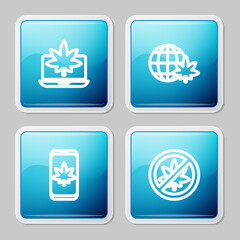 Set line Laptop and marijuana or cannabis, Legalize globe, Mobile and Stop leaf icon. Vector